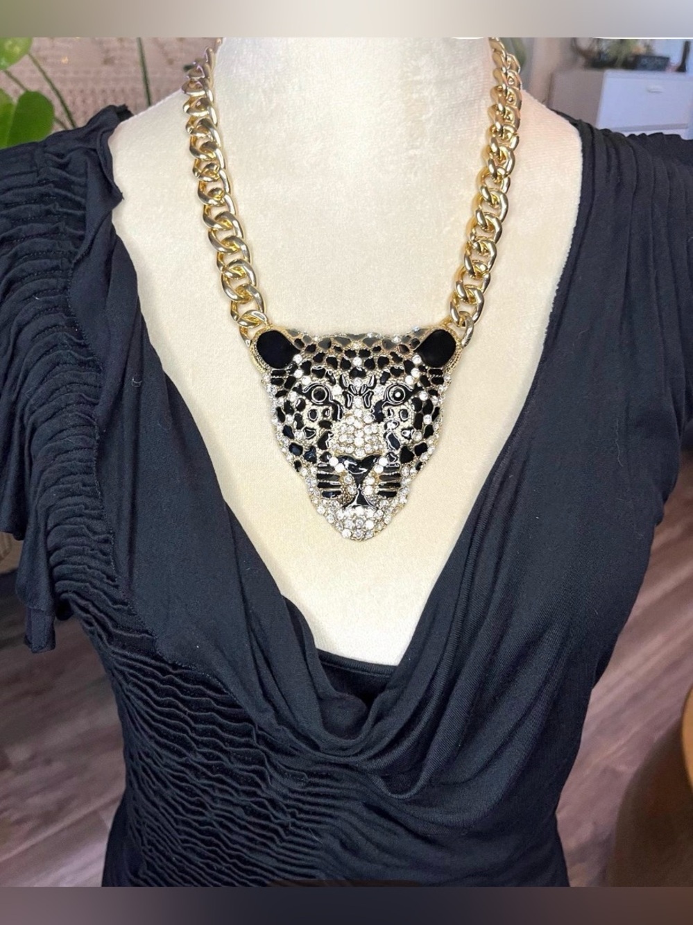 Vintage Gold-Plate Black & Crystal Leopard Statement Necklace